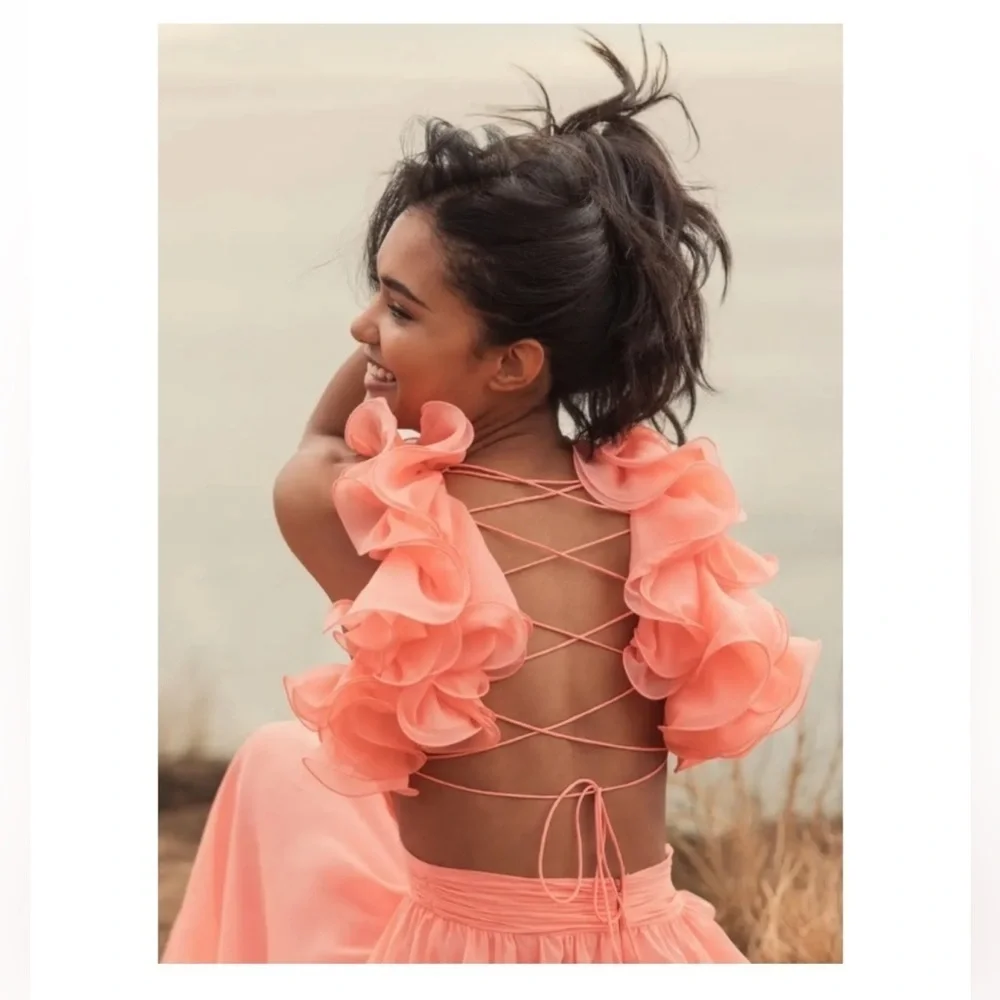 NEW $600 MAC DUGGAL RUFFLE TIERED CUT-OUT CHIFFON GOWN CORAL SIZE 12 - Picture 5 of 17